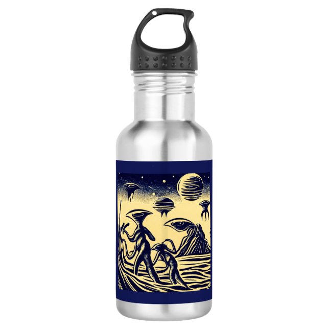 SF - Aliens On A Strange Planet Woodcut 1 532 Ml Water Bottle (Front)