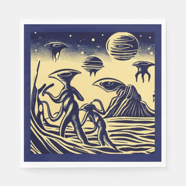 SF - Aliens On A Strange Planet Woodcut 1 Napkin (Front)