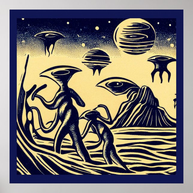 SF - Aliens On A Strange Planet Woodcut 1 Poster (Front)