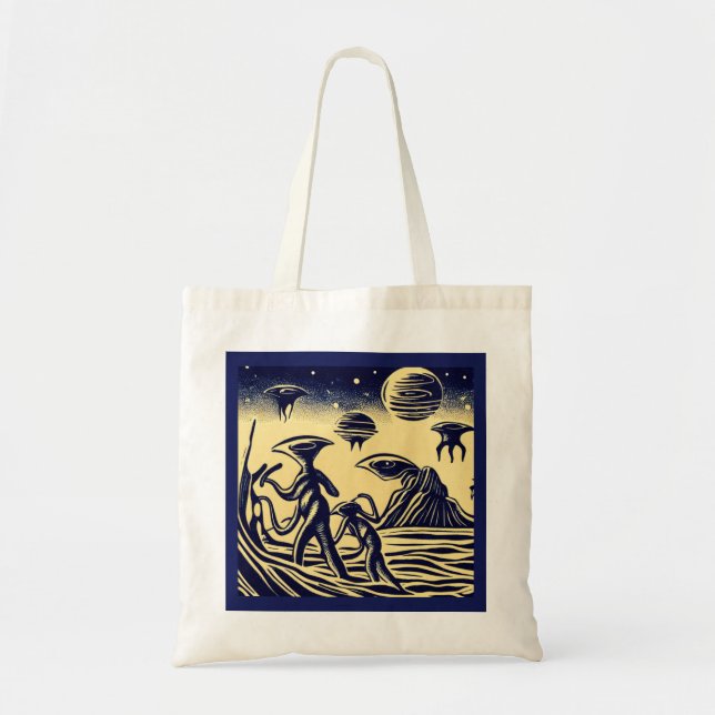 SF - Aliens On A Strange Planet Woodcut 1 Tote Bag (Front)