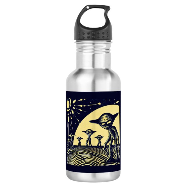 SF - Aliens On A Strange Planet Woodcut 2 532 Ml Water Bottle (Front)