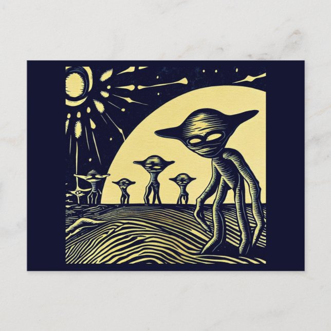 SF - Aliens On A Strange Planet Woodcut 2 Postcard (Front)