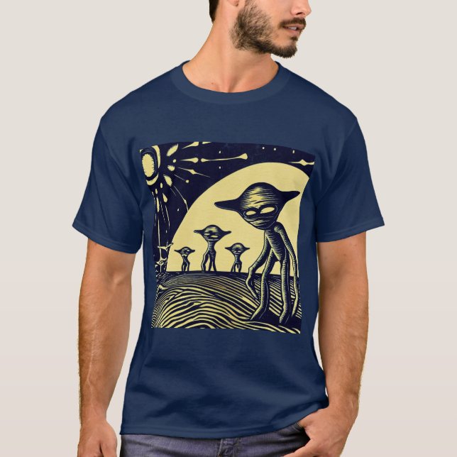 SF - Aliens On A Strange Planet Woodcut 2 T-Shirt (Front)