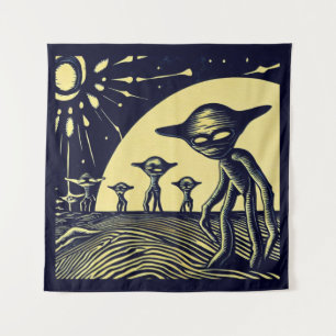 SF - Aliens On A Strange Planet Woodcut 2 Tapestry