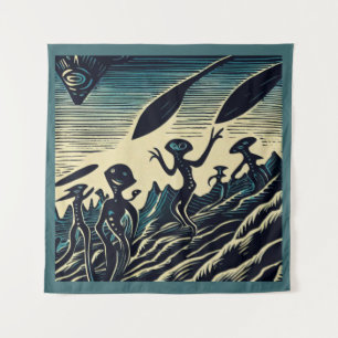 SF - Aliens On A Strange Planet Woodcut 3 Tapestry