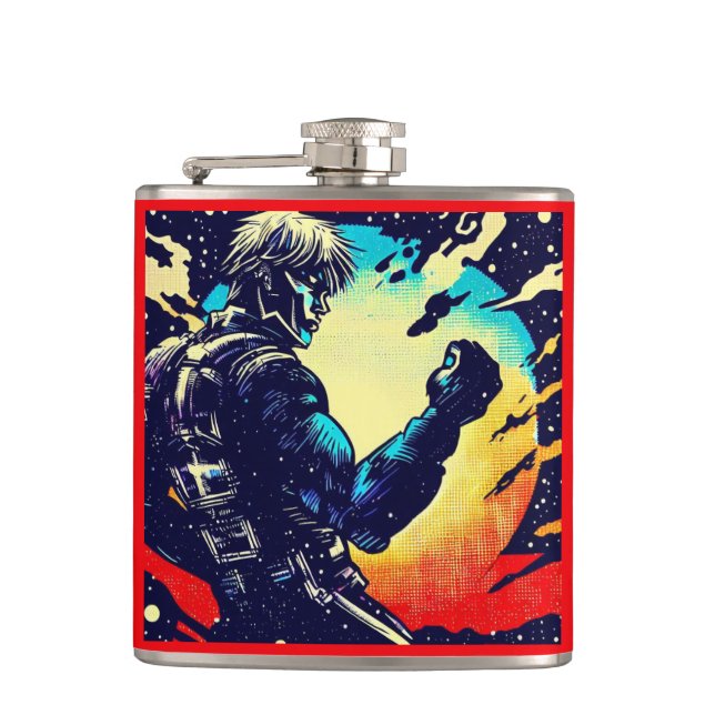 SF - Anime Hero Woodcut 2 Hip Flask (Front)