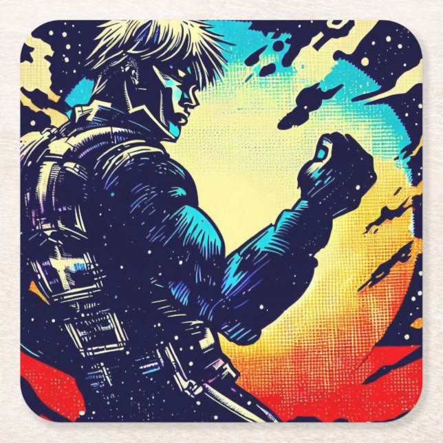 SF - Anime Hero Woodcut 2 Square Paper Coaster (Front)