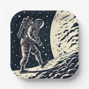 SF - Astronaut on Spacewalk Woodcut 1 Paper Plate