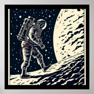 SF - Astronaut on Spacewalk Woodcut 1 Poster