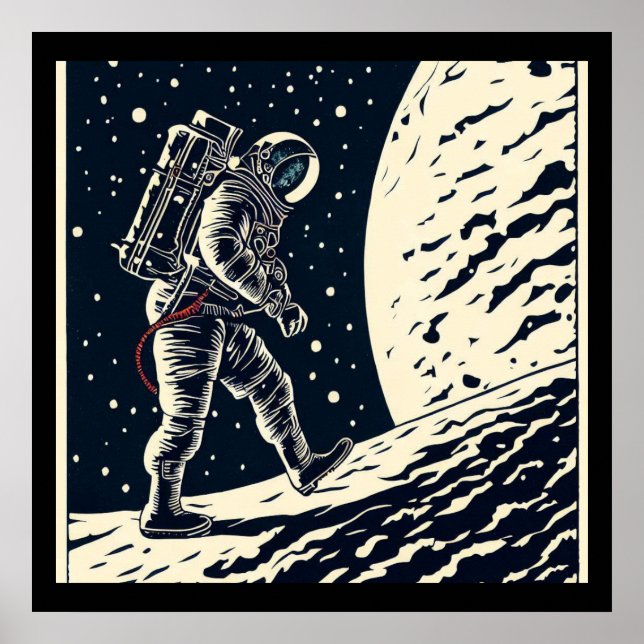 SF - Astronaut on Spacewalk Woodcut 1 Poster (Front)