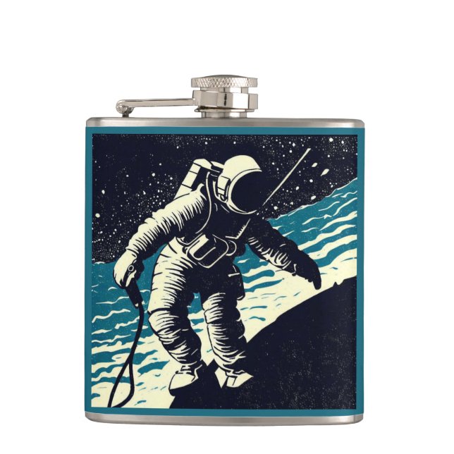 SF - Astronaut on Spacewalk Woodcut 2 Hip Flask (Front)