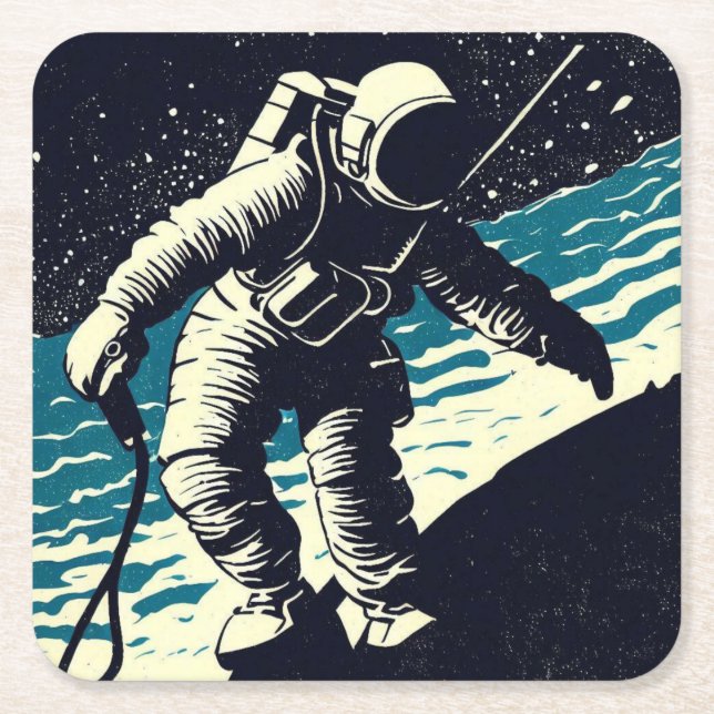 SF - Astronaut on Spacewalk Woodcut 2 Square Paper Coaster (Front)