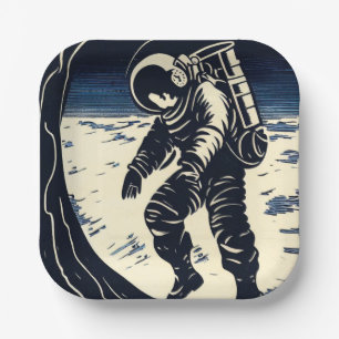 SF - Astronaut on Spacewalk Woodcut 3 Paper Plate
