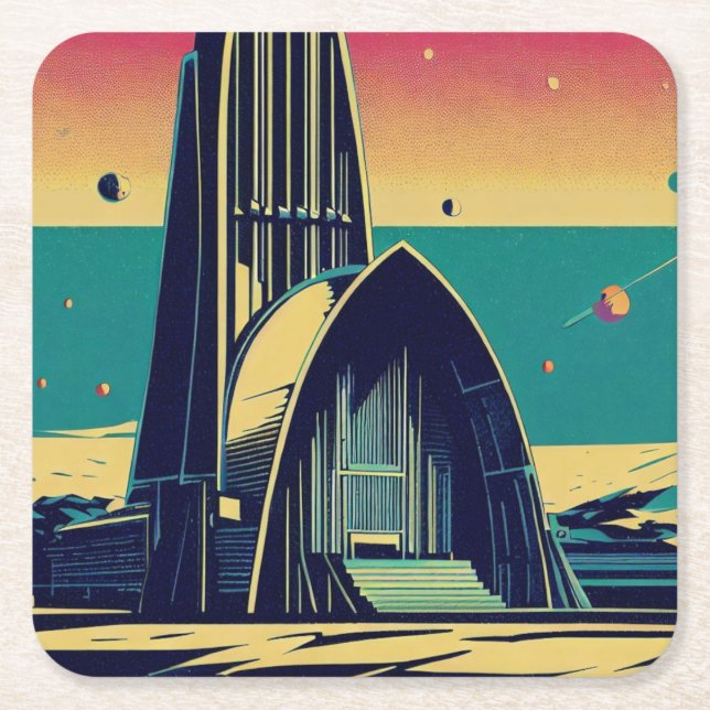 SF Futuristic Church 3 Square Paper Coaster (Front)
