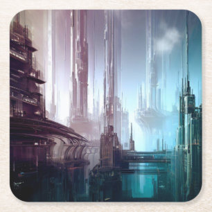 SF Futuristic City 2 Square Paper Coaster