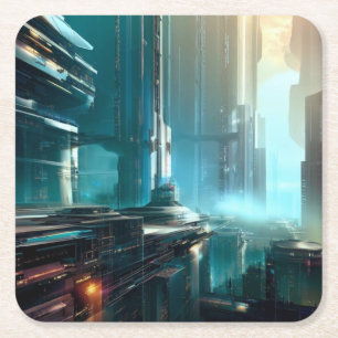 SF Futuristic City 3 Square Paper Coaster