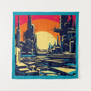 SF Futuristic City Woodcut 1 Tapestry