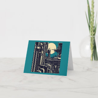 SF Futuristic City Woodcut 2 Card