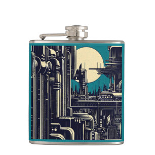 SF Futuristic City Woodcut 2 Hip Flask
