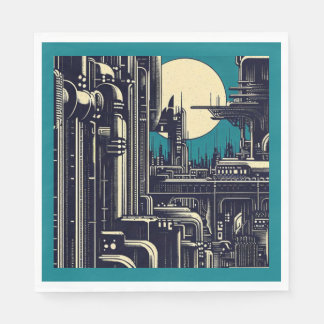 SF Futuristic City Woodcut 2 Napkin