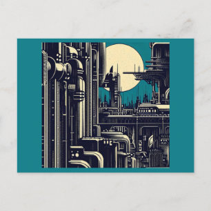 SF Futuristic City Woodcut 2 Postcard