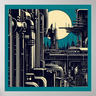 SF Futuristic City Woodcut 2 Poster