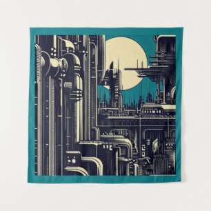 SF Futuristic City Woodcut 2 Tapestry