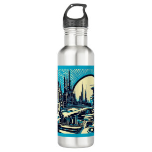 SF Futuristic City Woodcut 3 710 Ml Water Bottle