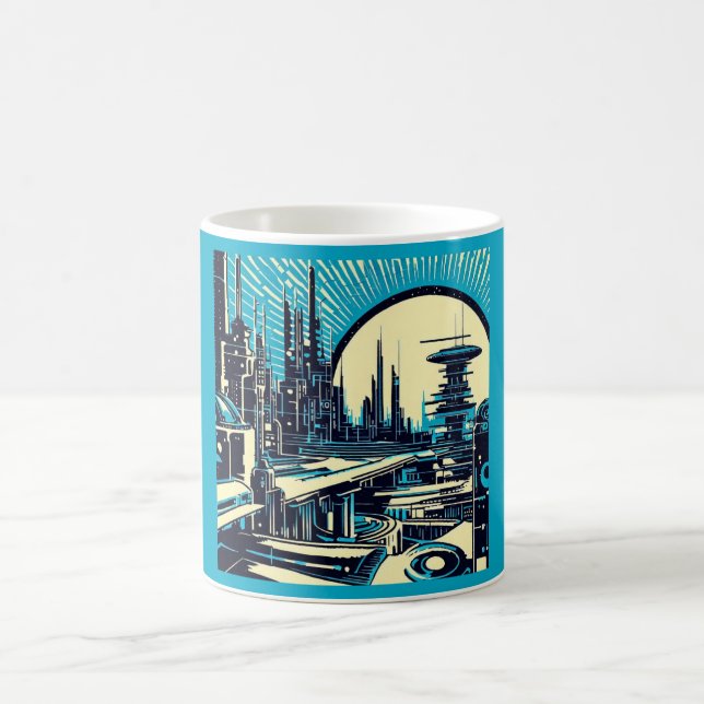 SF Futuristic City Woodcut 3 Coffee Mug (Center)