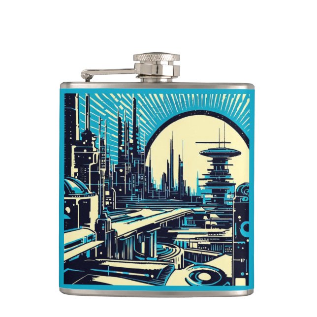 SF Futuristic City Woodcut 3 Hip Flask (Front)