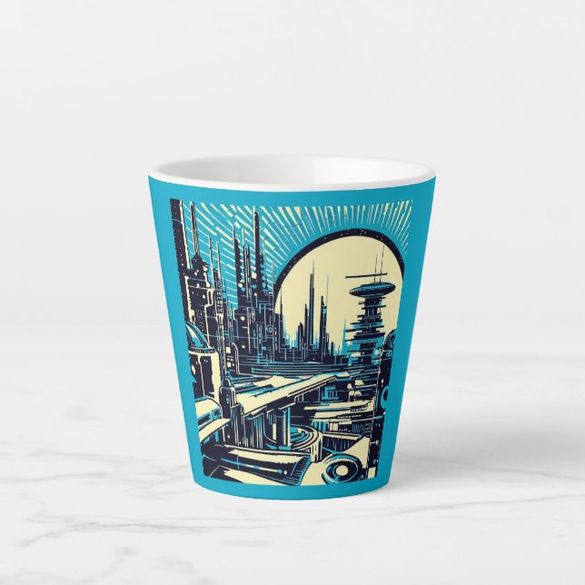 SF Futuristic City Woodcut 3 Latte Mug (Front)