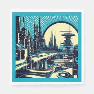 SF Futuristic City Woodcut 3 Napkin