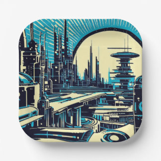 SF Futuristic City Woodcut 3 Paper Plate