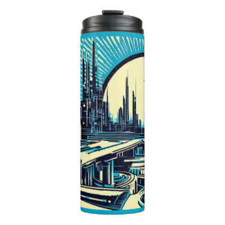 SF Futuristic City Woodcut 3 Thermal Tumbler