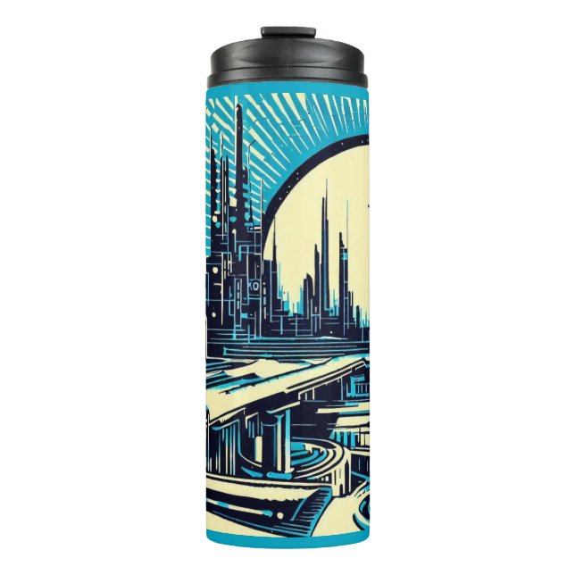 SF Futuristic City Woodcut 3 Thermal Tumbler (Front)