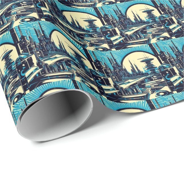 SF Futuristic City Woodcut 3 Wrapping Paper (Roll Corner)