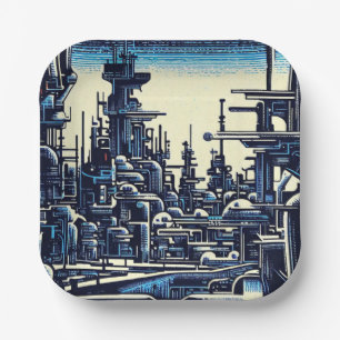 SF Futuristic City Woodcut 4 Paper Plate