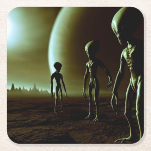 SF Grey Aliens 1 Square Paper Coaster