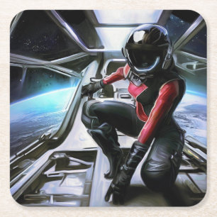 SF Hero Aboard Spaceship 2 Square Paper Coaster