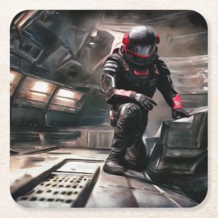 SF Hero Aboard Spaceship 3 Square Paper Coaster