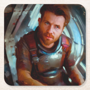 SF Hero Aboard Spaceship 4 Square Paper Coaster