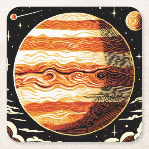 SF Jupiter Woodcut 3 Square Paper Coaster
