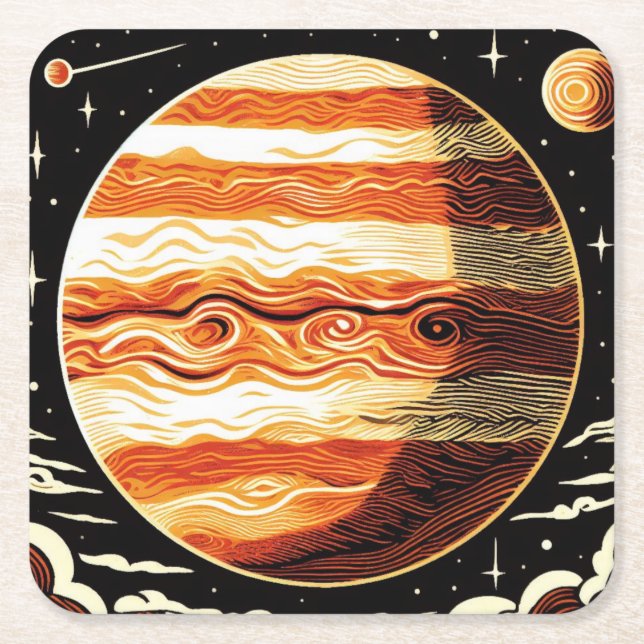 SF Jupiter Woodcut 3 Square Paper Coaster (Front)