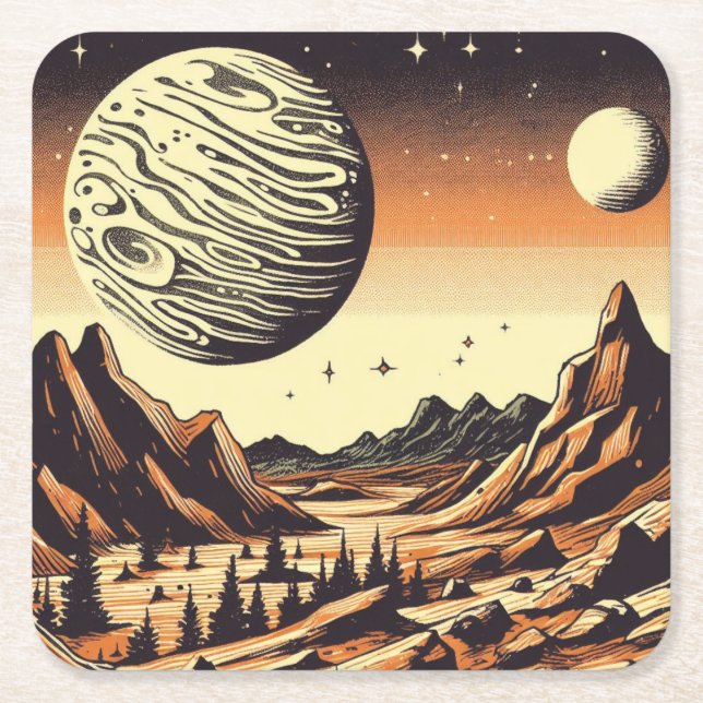 SF Mars Landscape Woodcut 1 Square Paper Coaster (Front)