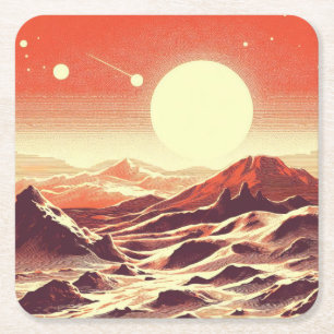 SF Mars Landscape Woodcut 2 Square Paper Coaster