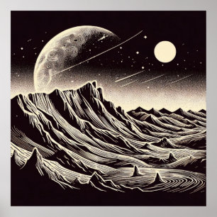 SF Mars Landscape Woodcut 3 Poster