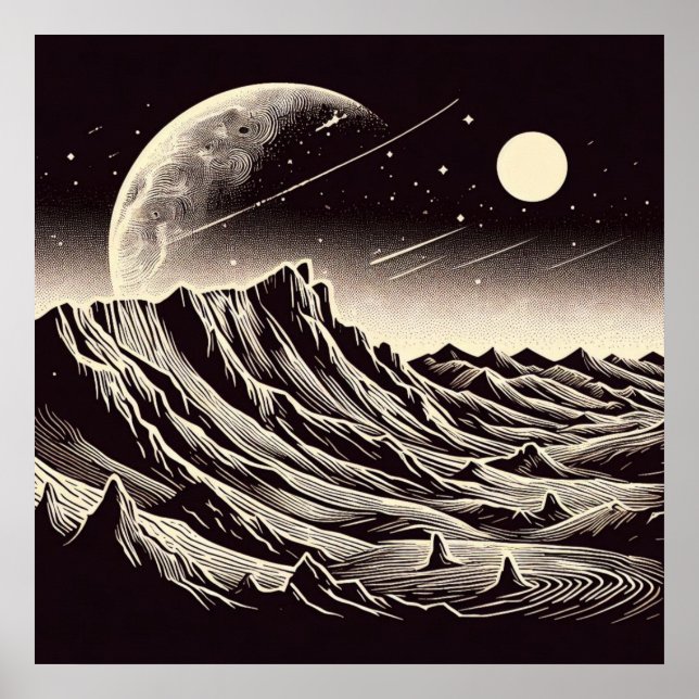 SF Mars Landscape Woodcut 3 Poster (Front)