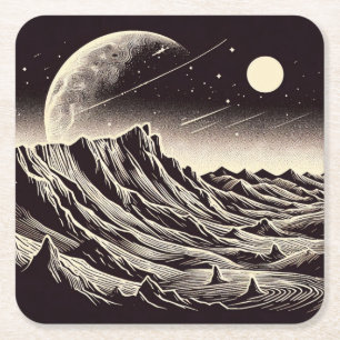 SF Mars Landscape Woodcut 3 Square Paper Coaster