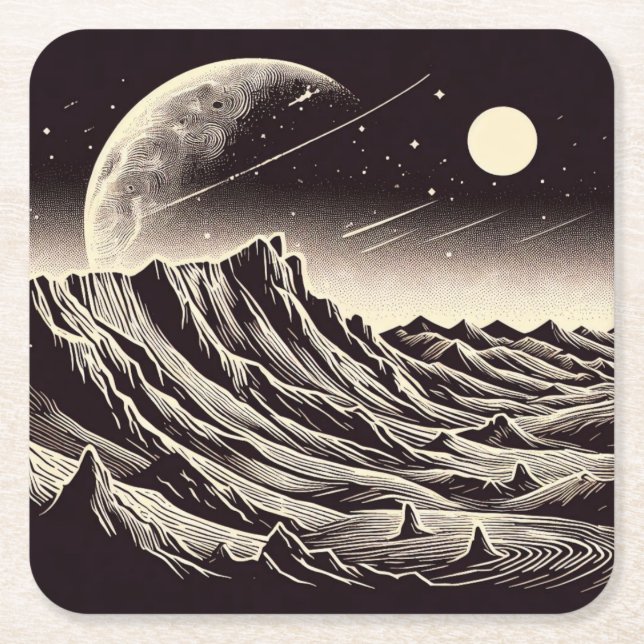 SF Mars Landscape Woodcut 3 Square Paper Coaster (Front)