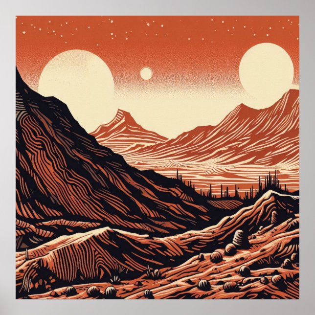 SF Mars Landscape Woodcut 4 Poster (Front)